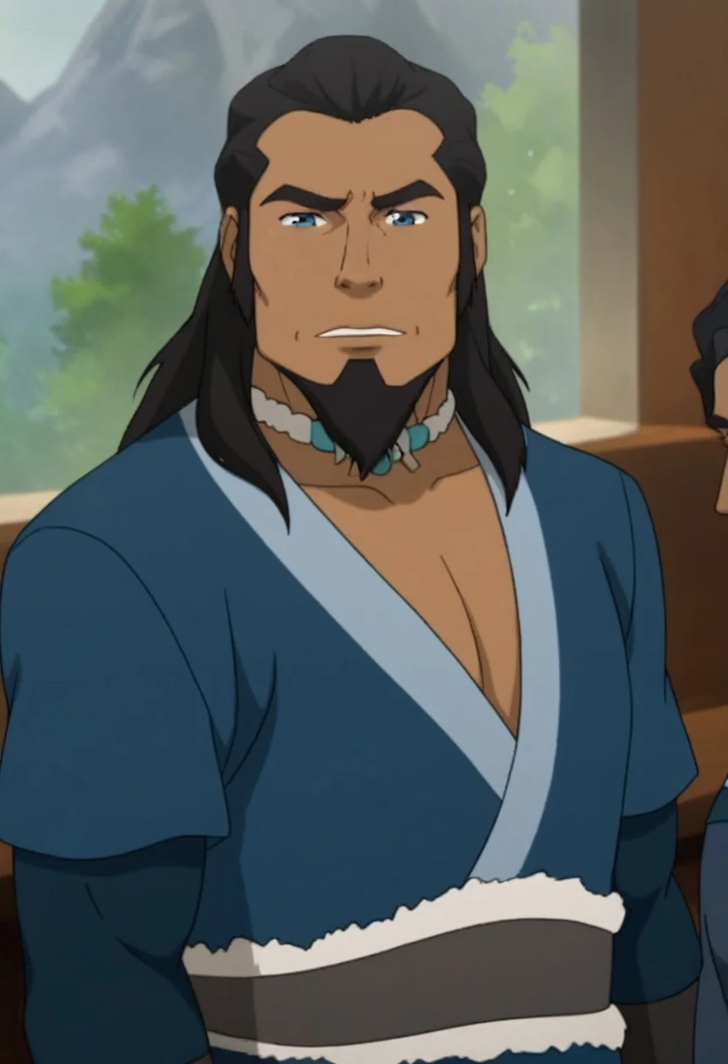 1boy, beard, male focus, dark-skinned male, dark blue eyes, long hair,