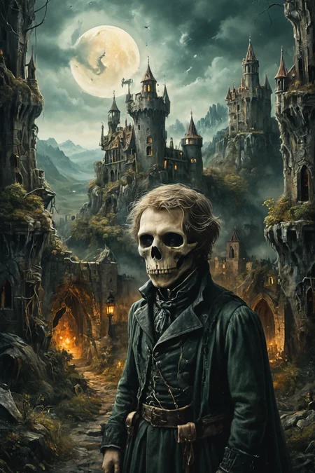 Detailed digital portrait of a Illusionary phantom haunting gaslit streets at a Dilapidated castle surrounded by wilderness, <lora:xl_more_art-full_v1:0.5>, <lora:The_Crazy_Style:0.7>