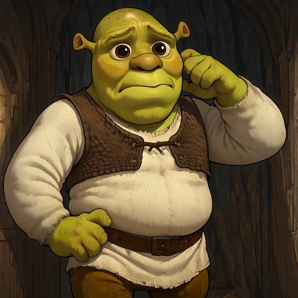 masterpiece, best quality, newest, absurdres, highres, P/PEV1.0, pleading eyes, 1boy, shrek, bald, green skin,
brown vest, white shirt, brown belt, pants