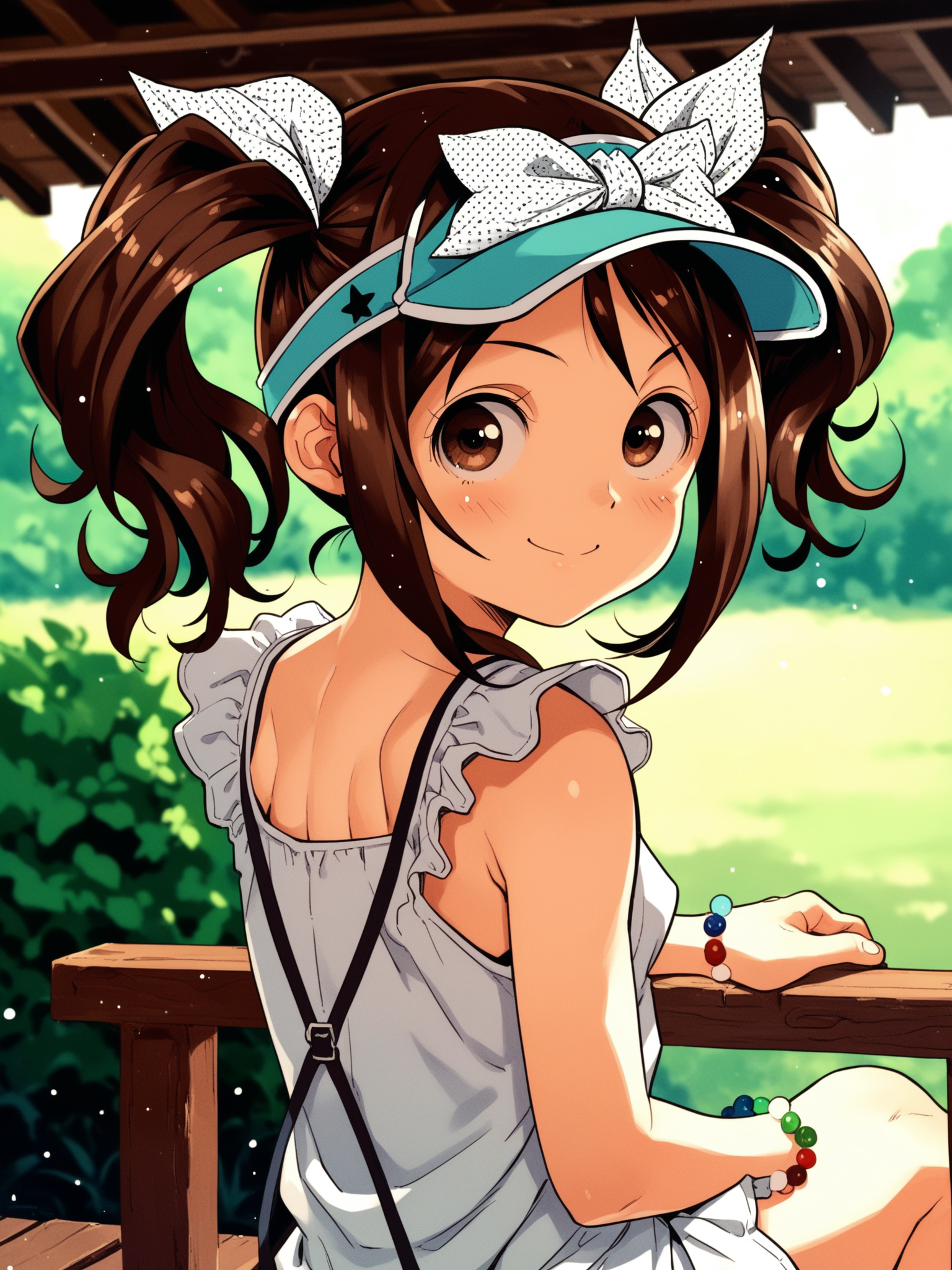 <lora:happy_tentacle-haruka-v0.1-000032:0.9>, ht_haruka, brown eyes, brown hair, polka dot ribbon, visor cap, polka dot bow, bracelet sundress, outdoors , 1girl, solo, portrait , jitome , ( smile :1.2), , looking at viewer , sitting , from behind , score_9, score_8_up, score_7_up, score_6_up, score_5_up, score_4_up