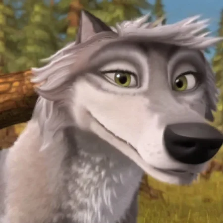 SaltyAO, feral, wolf, outside, blurry background, looking at viewer, head tilt, smile, portrait, light smile, relaxed, forest, log, mountains in background
