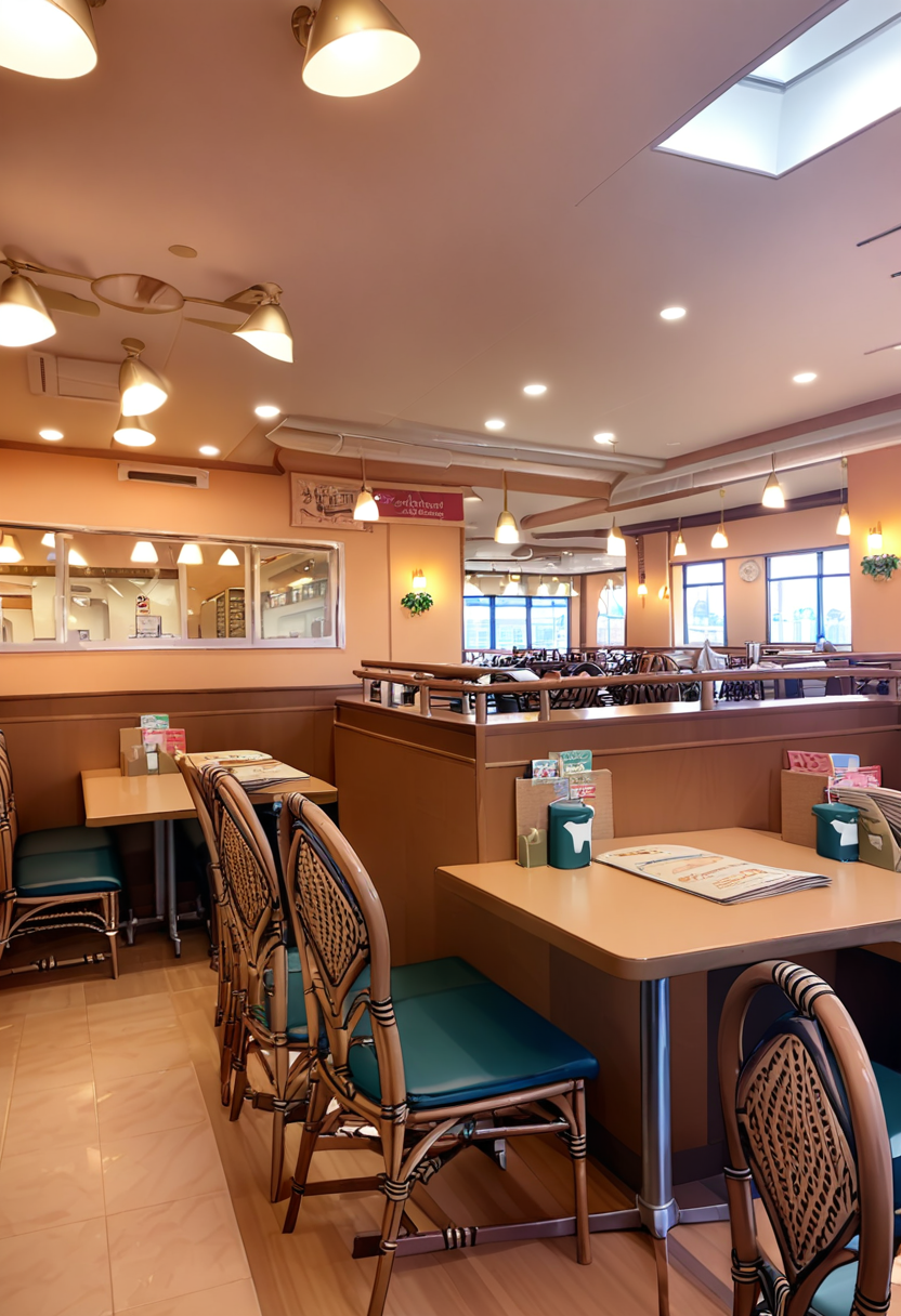 masterpiece, best quality, very aesthetic, absurdres,
saizeriya, restaurant, scenery, table, chair, cup, window, ceiling light, indoors, book, shelf, lamp, box, poster (object)
 <lora:saizeriya_indoors_SDXL_V6:1>