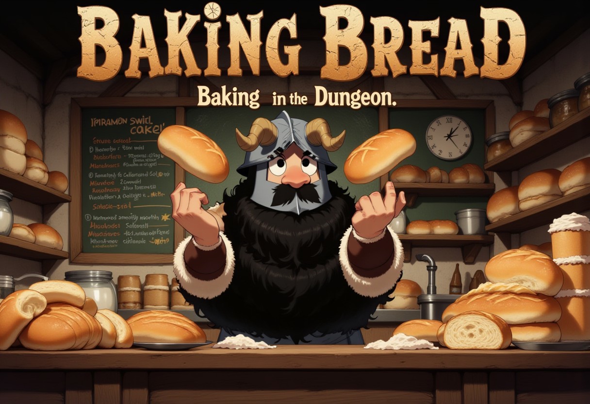 A TV show poster for a parody series titled "Baking Bread," playing on the name of the famous show Breaking Bad. The poster Senshi, dwarf from dungeon Meshi with long black beard, wearing a viking inspired clothing and a helmet with horns, with his hands raised up and a loaf of bread levitating between them above his head. He stands in the middle of a rustic bakery, surrounded by stacks of bread loaves, pastries, and bags of flour, all arranged to mimic the iconic desert backdrop from the original show.
Behind him, the bakery's chalkboard menu lists items like "Cinnamon Swirl Cartel" and "Blueberry Muffin Meth," hinting at the culinary chaos that’s about to unfold. The baker’s expression is intense, yet comically serious, as if he's about to take on the world with nothing but his dough and determination.
The title "Baking Bread" is displayed in bold, stylized text at the top, with the "Baking" in a gritty, cracked font, while "Bread" is written in warm, golden letters resembling freshly baked loaves. The tagline beneath reads, "Baking in the Dungeon," adding to the pun-filled humor.
The overall color scheme of the poster is a mix of warm, bakery hues with the gritty, dark tones reminiscent of the original show, blending the intense drama of Breaking Bad with the lighthearted, culinary twist of "Breaking Bread."