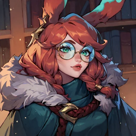 score_9, score_8_up, score_7_up, <lora:Aurora:1>, aurora (league of legends), 1girl, green eyes, rabbit ears, freckles, bangs, braid, green cloak, fur trim, hood down, library, round eyewear, earrings