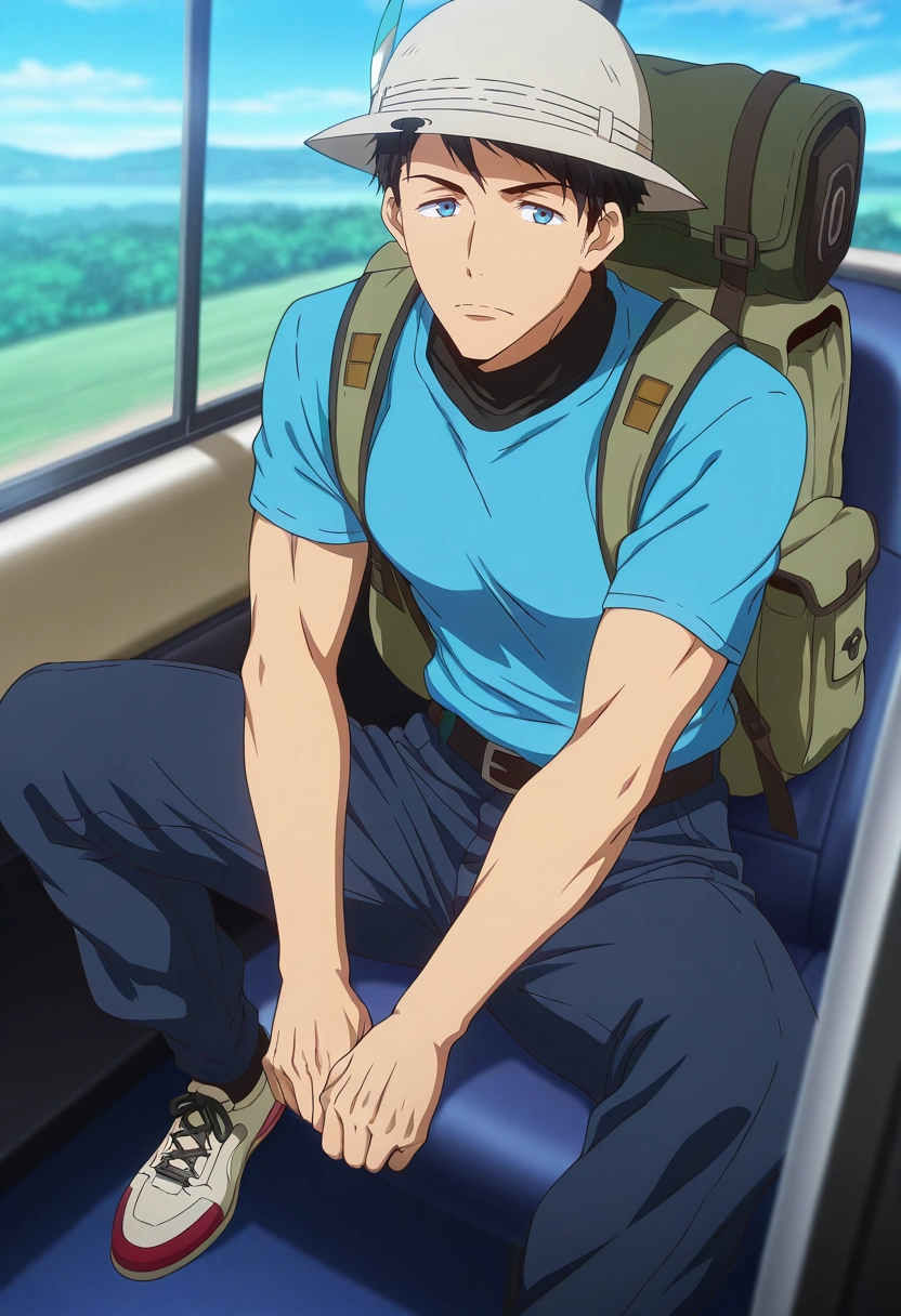 masterpiece, best quality, , anime screencap, anime coloring, official style, looking at viewer, 1boy, solo, male focus, <lora:sousuke_yamazaki_ilxl:1>, sousuke_yamazaki, black hair, blue eyes, short hair, , Pleated trousers, Turtleneck T-shirt, Driving shoes, Pith helmet, Camera Backpack and and