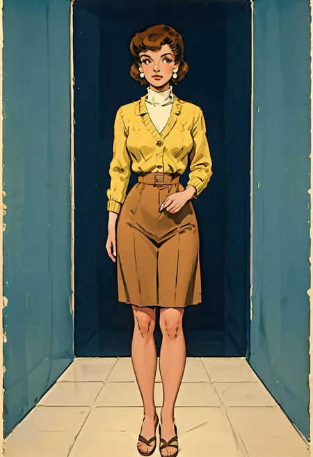 solo, looking at viewer, looking at me, spaceship interior, decarloxl, retro colors, 60s, G0080T, 1girl, brown eyes, brown hair, short hair, earrings, cardigan, white turtleneck sweater, brown skirt, sandals,
