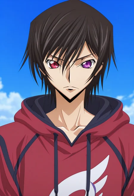 masterpiece, best quality, , anime screencap, anime coloring, , looking at viewer, 1boy, solo, male focus, <lora:lelouch_lamperouge_ilxl:1>, lelouch_lamperouge, black hair, purple eyes, hair between eyes, bangs, short hair, heterochromia, red eyes, , , Jumpsuit, Jersey Tribal Hoodie, , , and