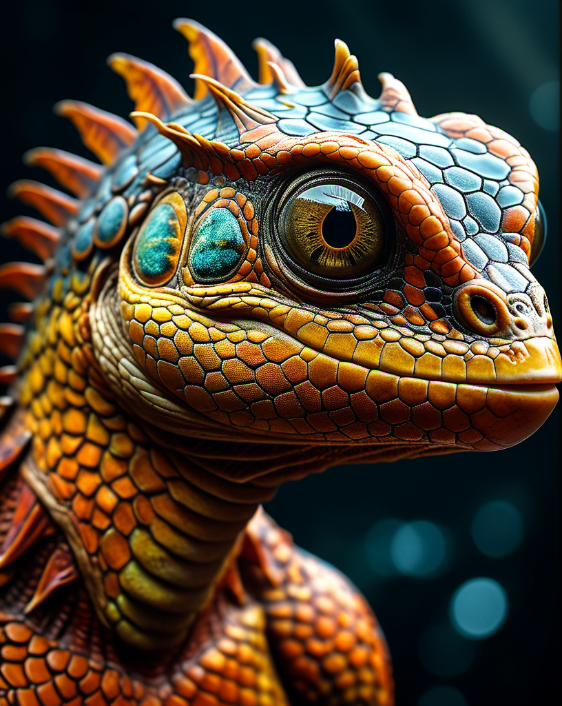 Hyperrealistic art cinematic film still photography in the style of detailed hyperrealism photoshoot, scaly creature, fantasy, James Christensen, bold lines, hyper detailed, shallow depth of field, vignette, highly detailed, high budget, bokeh, cinemascope, moody, epic, gorgeous, film grain, grainy, extremely high-resolution details, photographic, realism pushed to extreme, fine texture, incredibly lifelike,