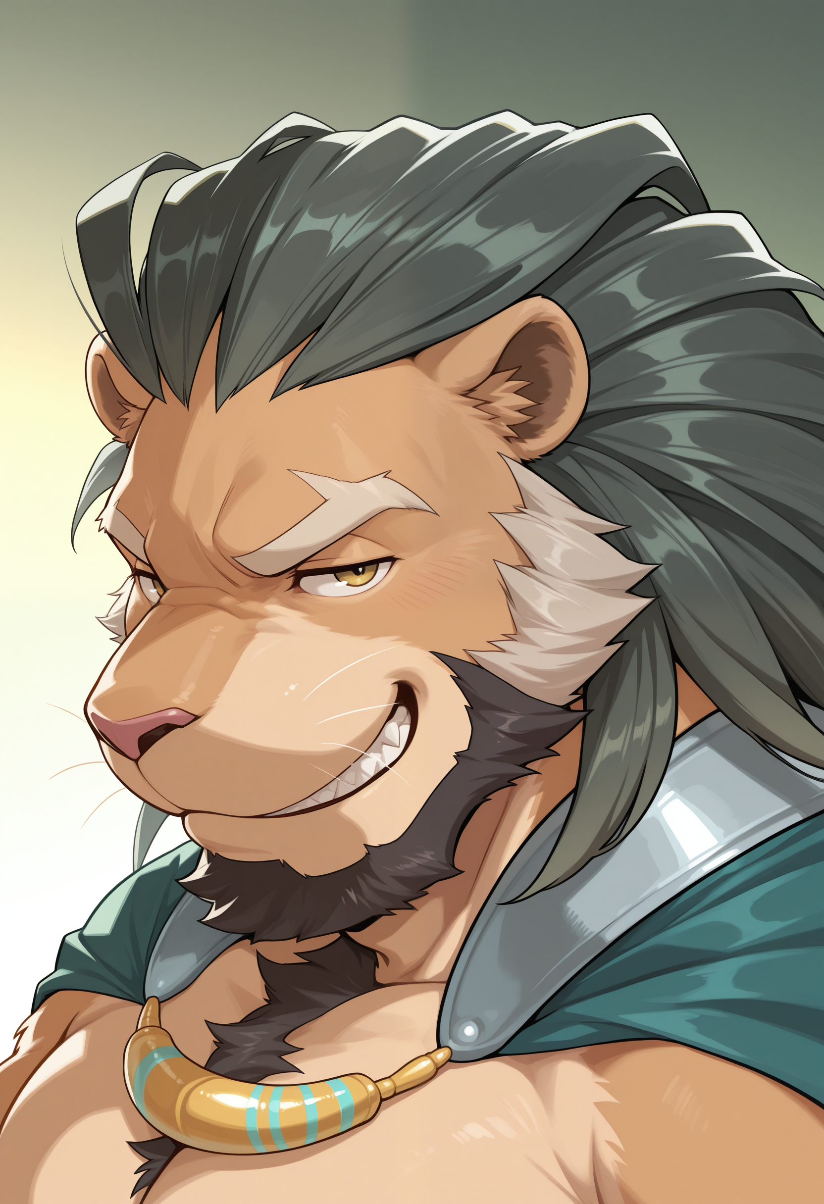 masterpiece,best quality,amazing quality,solo, 1boy,4rs4l4n, lion boy, green cape, close up, smirk,

green gradient background,