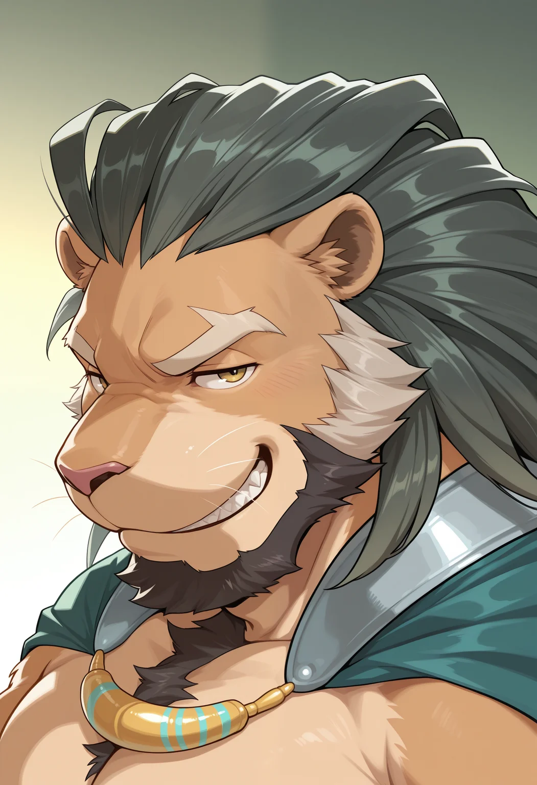 masterpiece,best quality,amazing quality,solo, 1boy,4rs4l4n, lion boy, green cape, close up, smirk,
green gradient background,
