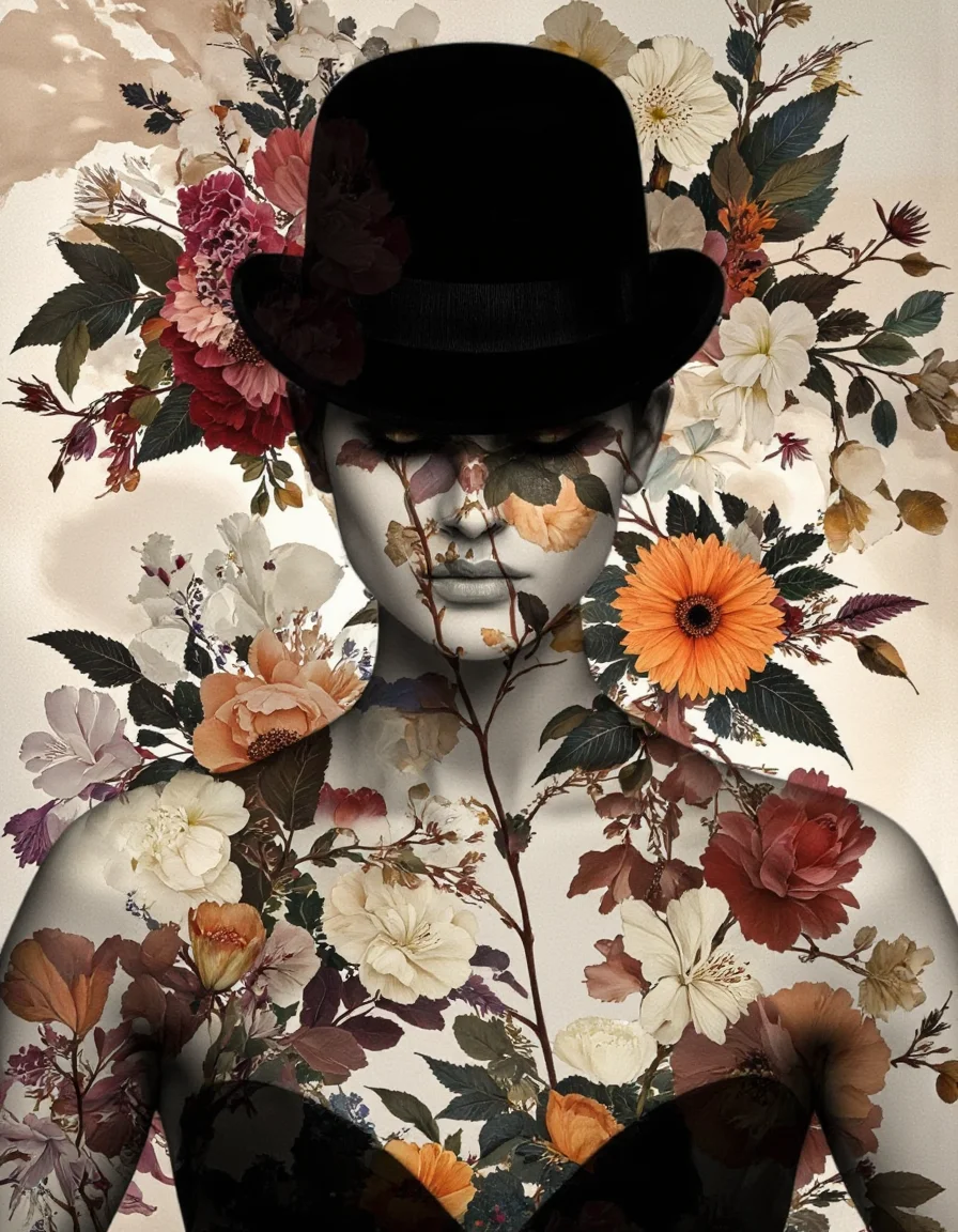 Art by Juan Brufal. A digital illustration shoot from a portrait camera angle about a double exposure portrait of a woman with a mysterious expression, surrounded by floral elements. the image features a woman in the middle of the frame, with her face partially obscured by a black top hat, creating a striking contrast between her face and the background. the woman has a slim body, and her eyes are closed, giving her a serene expression. she is surrounded by a variety of colorful flowers and leaves, including roses, daisies, and lilies, which are arranged in a symmetrical pattern around her head and shoulders. the background is a mix of light and dark tones, with hints of floral patterns, creating an ethereal atmosphere. the overall effect is one of elegance and sophistication, with a focus on the intricate details and textures of the flowers and the woman's face, making the image visually striking and captivating.