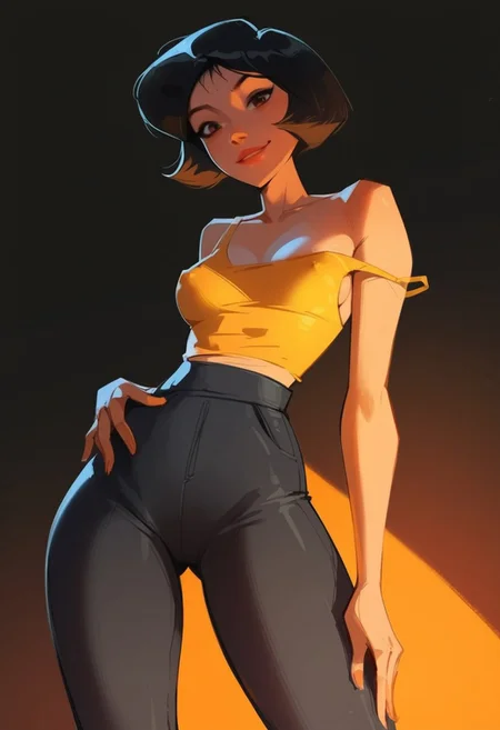 score_9, score_8_up, score_7_up, score_6_up, score_5_up, score_4_up,  Expressiveh, 1girl, alex \(totally spies\), voluminous short hair, black hair, inverse bob hair, large brown eyes, flowy yellow camisole, strap slip, lowleg pants, pubic hair peek, smirk, small perky breasts, covered nipples, petite, narrow waist, hip dips, pinup pose, close up, boob focus, from below, looking at viewer, sultry, sexy, backlight, dark background