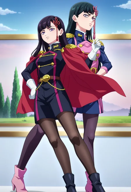 score_9, score_8_up, score_7_up, source_anime,
BREAK
<lora:shiRenYamishiroAnimeV1:1> shirenyamashiro, anime screencap, anime coloring, long hair, black hair, purple eyes, blunt bangs, military uniform, long sleeves, white gloves, red cape, belt, epaulettes, black pantyhose, high heel boots,,
looking at viewer,
BREAK
<lora:shiJojoStandV2:1.1>, shijojostand, stand \(jojo\), 1other,
2girls,