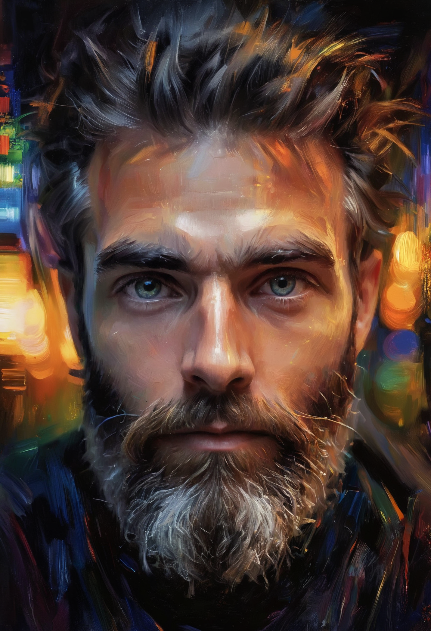 (impressionistic realism by csybgh), portrait of a software engineer, he is creating universal prosperity and freedom by creating an artificial intelligence system, he has a wild beard and hypnotic eyes, lit by computer screens, motif of digital code, masterpiece, 8k