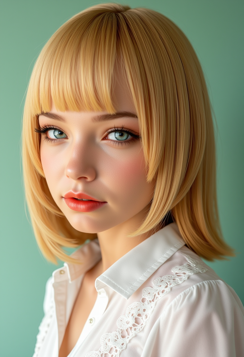 She is approximately 18 years old. Hyperrealism, she is looking at the camera, (dynamic angles), headshots of a beautiful, stunning unique female character. she has blonde hair. her eyes are filled with joy and excitement, extravagant eyelashes, a photo of a Samantha, she is wearing a white frilly shirt. The woman is posing confidently. simple sage green colored background. She has a slight smile on her face and is looking directly at the camera. making this image a masterpiece of photography and digital art. realistic. making this image a masterpiece of photography and digital art. Style: realistic hyper-detailed rendering, 32k UHD, expressive eyes, punk, graphic design, girl's face, pretty and cute, gleaming lips, telling a tale of adventure. Exuding confidence and serenity. The overall mood of the image is happy and relaxed,detailed skin texture,(blush:0.2),(goosebumps:0.3),subsurface scattering,whimsical,Detailed hand, Perfect hand. Perfection style.