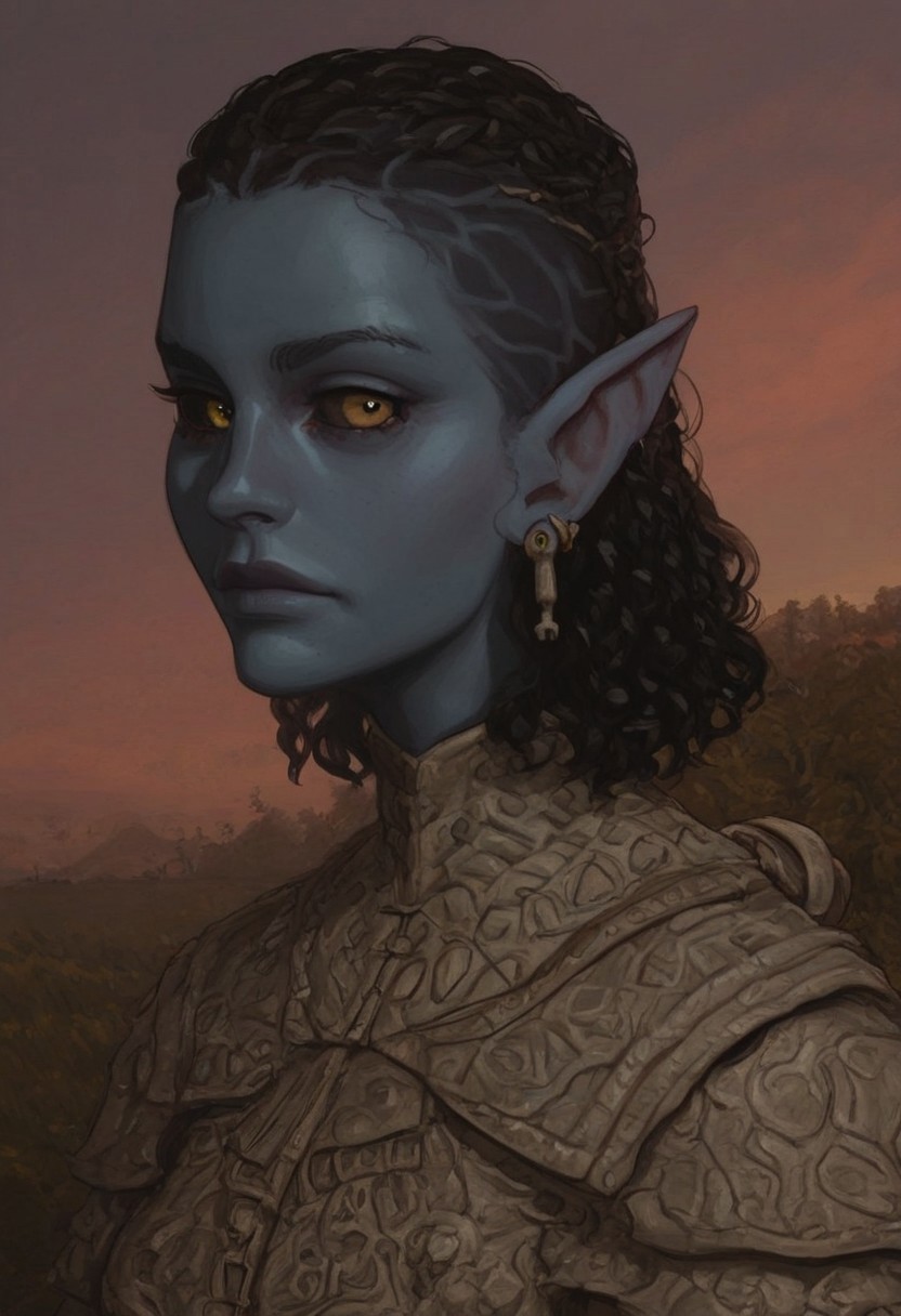 safe_pos, solo, short pointy ears, full body, fighting stance, piercings, random elf face, aquiline features, female dark elf, brow rings, beaded piercings, weathered skin, blue-grey skin, large nose, insect chitin armor, insect chitin helmet, insect chitin ornaments, stylized insect pattern, athletic build,  animated realism, zoomed out, Syrian features, torso, yurts, tents, native camp, elegant berber tapestries, dead desert trees, ash dunes, distant volcano, ashy soil, grey green foliage, distant grey hills, sunrise, gloomy lighting, grey fabric awnings, dark wood posts, light dust clouds, grey-blue skin, mahogany and ivory clothes, medium armor, bone plate armor, ivory straps and fittings, alien bone ornaments, grey wood neckguard, medium_breasts, crimson sclera, black pupils, blue-green light, neon, highly detailed, defined features, looking at viewer, three quarters view, from side, dynamic lighting, 29 years old, light and shadows, patterned cloth, joking expression, expressive eyes, detailed medieval clothes, short hair, wavy hair, thick hair, beaded hair, braided hair, under cut hair, semirealistic, alien elf, spanish features, jewish features, black hair, dark red hair, desaturated blue skin, sharp features, pastel green inuit print cloak, nighttime, high detail, absurdres, pretty eyes, detailed eyes, yellow eyes, facefix, detailed face, wielding insect chitin spear, shortspear