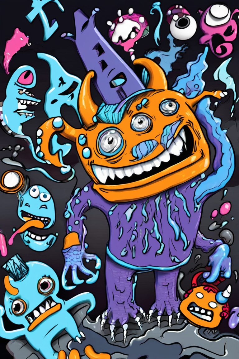 close up of a dangerous monster with horns, feverish nightmare dream of monsters,  surrounded by random shapes, color doodle, grim scene <lora:Doodle_XL_V1:1>, doodle art style