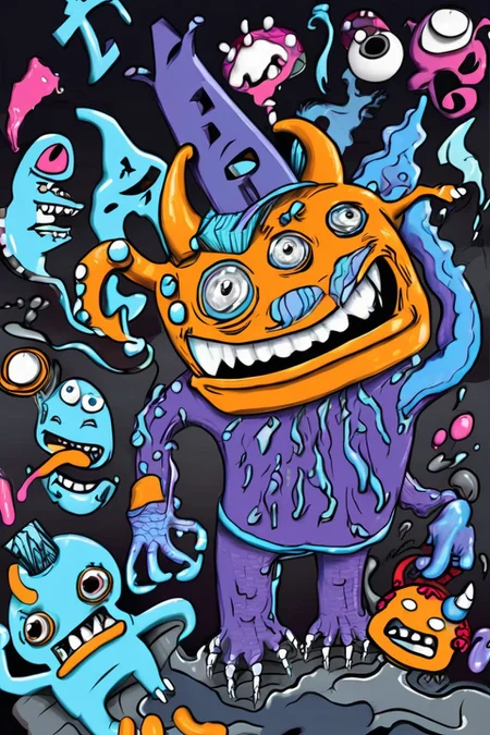 close up of a dangerous monster with horns, feverish nightmare dream of monsters, surrounded by random shapes, color doodle, grim scene <lora:Doodle_XL_V1:1>, doodle art style