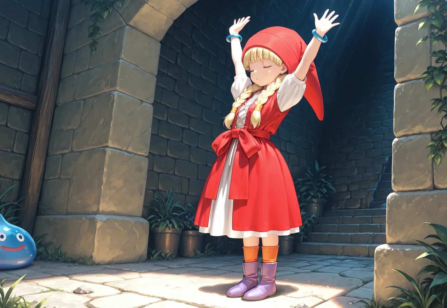 Smooth Quality, masterpiece, best quality, amazing quality,detailed background,
solo, 1girl, veronica dq11,hat,dress,bracelet,socks,boots standing, reaching up,
dragon quest slime,