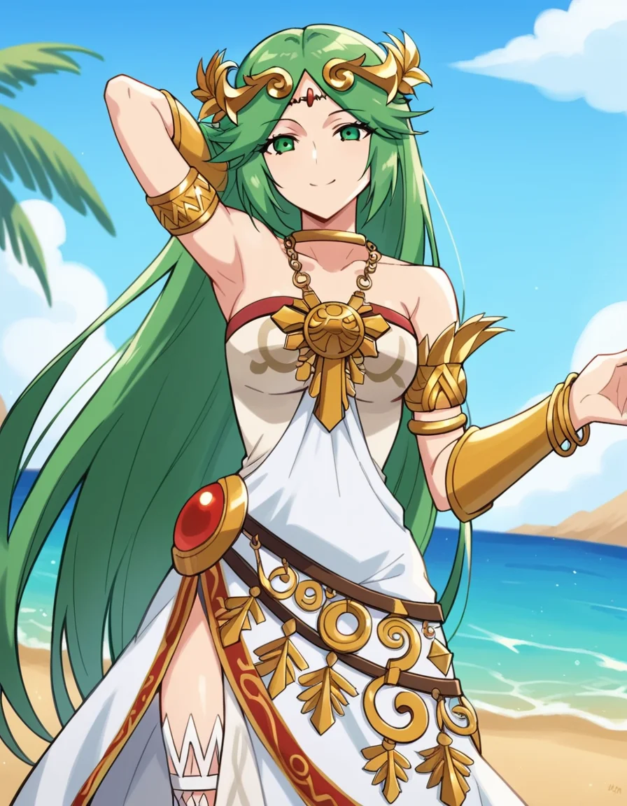 score_9, score_8_up, score_7_up, source_anime, <lora:palutena-trailer-ponyxl-lora-nochekaiser:1>, palutena, long hair, bangs, very long hair, green eyes, green hair, parted bangs,, dress, bare shoulders, jewelry, necklace, white dress, strapless, tiara, strapless dress, armlet, neck ring, gold,, oasis, water, palm trees, desert, life, smile, hand behind head, , looking at viewer, solo,, dutch angle, cowboy shot