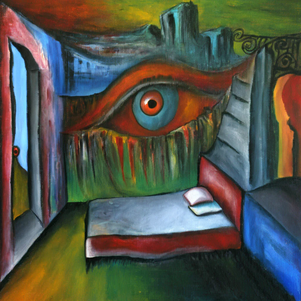 corcoc2s colorful bedroom with an eye on the bed surrealistic<lora:corcoc2s:1>