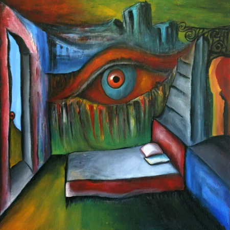 corcoc2s colorful bedroom with an eye on the bed surrealistic<lora:corcoc2s:1>