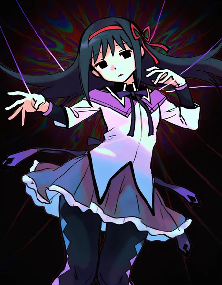 fr0y0, masterpiece, best quality, good quality, newest, very awa, absurdres, highres, black eyes, no sclera 1girl, dynamic composition, perspective, distortion, mind breaking, psychedelic, dark, puppet strings, black background, abstract background, akemi homura \(magical girl\), from below, cowboy shot, knees, <lora:None:1.0>