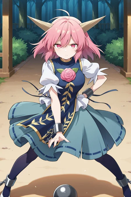 absurdres, highres, masterpiece, best quality, amazing quality, official anime artwork, screencap, anime screencap, looking at viewer, serious, dynamic pose, standing,
<lora:Ibaraki-Doujis-Arm_Illustrious:1> ibaraki douji's arm, 1girl, solo, pink eyes, pink hair, medium hair, horns, medium breasts,, blue tabard, white shirt, puffy short sleeves, aqua skirt, ribbon-trimmed skirt, blue pantyhose, high heels, cuffs, ball and chain restraint, long fingernails, sharp fingernails, outdoors,