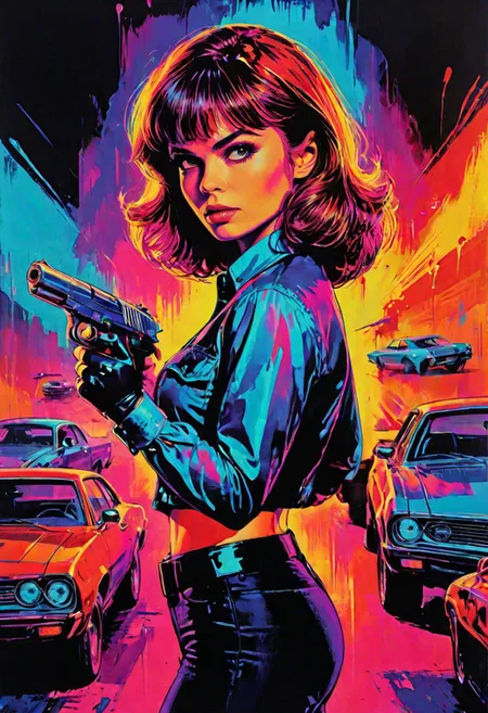 Movie Poster page for The Danger, impactful color paint of a bangs haired woman holding a pistol in a cool style, cars in the background, highly detailed, vibrant colors, 8k, sharp, professional, clear, high contrast, high saturated, vivid deep blacks, crystal clear, movie poster, sharp edges