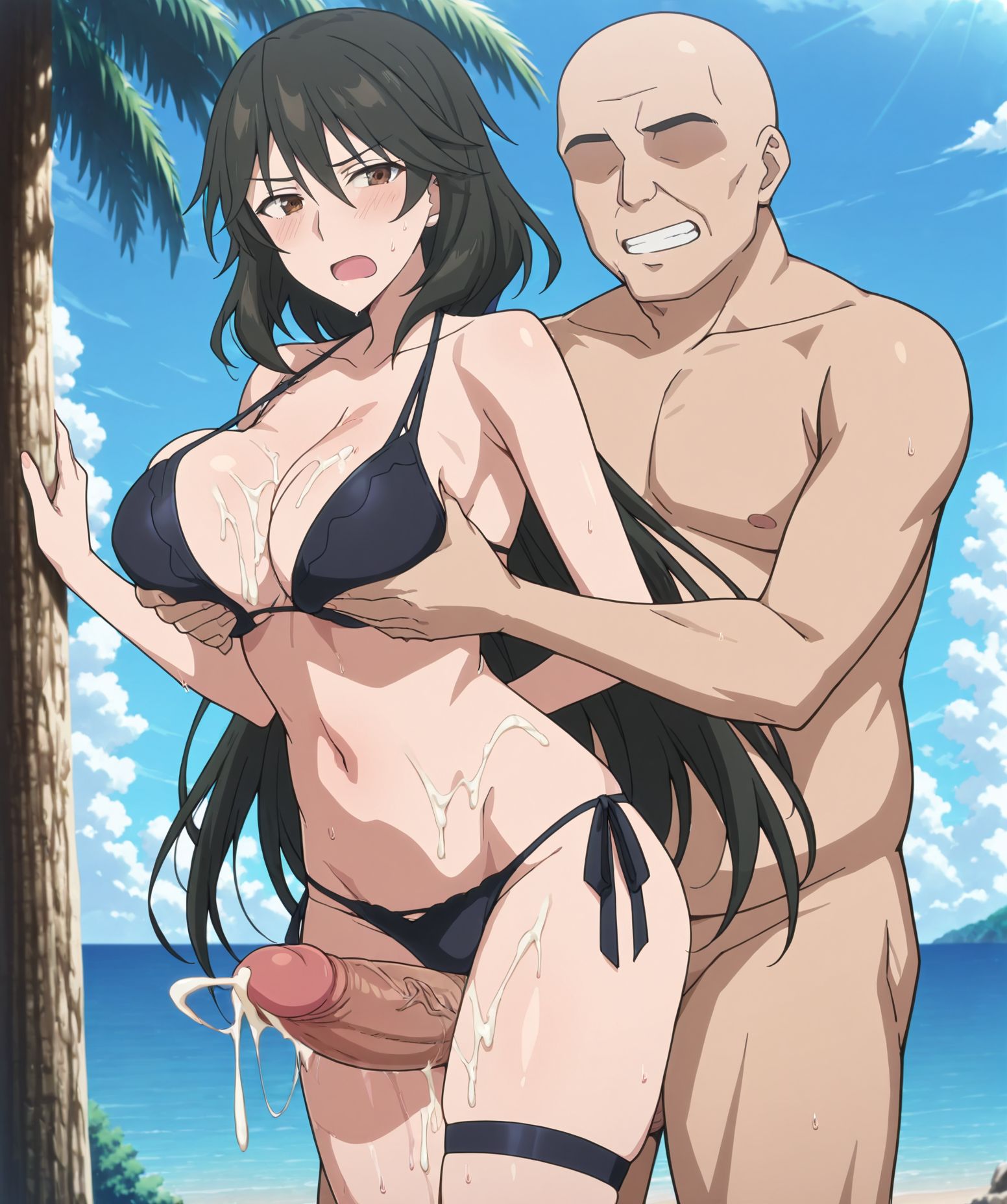 masterpiece, best quality, newest, absurdres, highres, detailed eyes, beautiful, detailed background, perfect eyes, anime coloring, anime screencap,
<lora:Thigh_Sex:1>Thigh_SexV1,
thigh sex,  standing,huge penis, 
cum on body,standing,  grabbing from behind, 
BREAK
ocean, tree, blue sky, 
mm,mature female,black hair,brown eyes,long hair,,large breasts, black bikini,wet,thigh strap, 
<lora:Chifuyu_Orimura-Infinite_Stratos:0.8>
BREAK
fatman, ugly man, bald,faceless male,