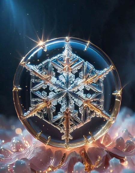 (high quality), (masterpiece), (detailed),8K, An award-winning glowing snowflake, encased in a perfectly transparent glass bubble, floats delicately within a surreal winter setting. Its intricate, symmetrical crystalline patterns radiate a mesmerizing, golden luminosity, blending warm hues of amber, peach, and soft rose that glow softly through the glass. The bubble is adorned with delicate frost patterns along its edges, reflecting and refracting the snowflake’s warm light, casting a magical aura on its surroundings. Encased within, the snowflake sparkles with fine detail, as if suspended in time, evoking feelings of joy, serenity, and wonder, captivating all who witness this breathtaking masterpiece, glowneon, geometric, GlowingInk