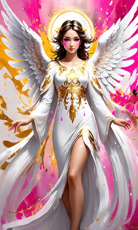 a beautiful angel girl, paintsplashsdxl, <lora:paintsplashsdxl:1>, vibrant color, best quality, masterpiece, pink and gold paint, glowing eyes, halo, white dress