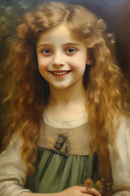<lora:Sophie Gengembre Anderson Style:1>Sophie Gengembre Anderson Style - a painting of a 8-year-old girl, with a pleasing smile, a sweet disposition, and a playful glint in her eyes, in the style of pre-raphaelite