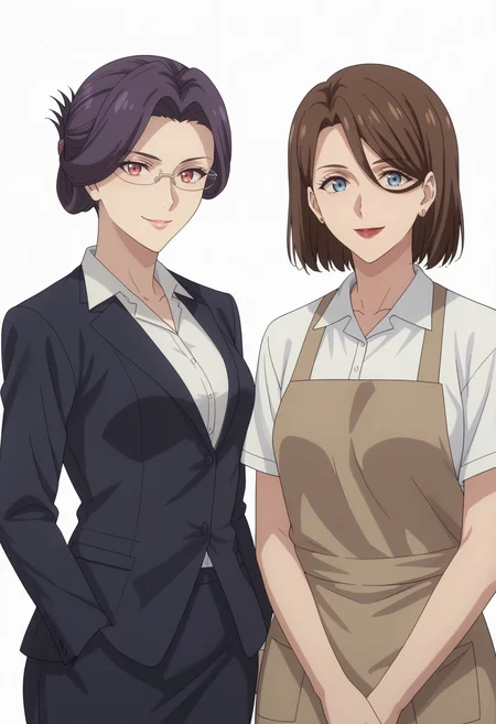 white background, ,2girl, smile, looking at viewer, standing, mature female, BREAK
score_9, score_8_up, score_7_up, source_anime,   <lora:DX888YumikaRaiha:1> ,  BREAK
tsuge raiha, purple hair,  red eyes, glasses,suit, pencil skirt, folded ponytail,   BREAK
sakuraba yumika, brown hair, blue eyes, lipstick, apron, white shirt bob cut, earrings BREAK