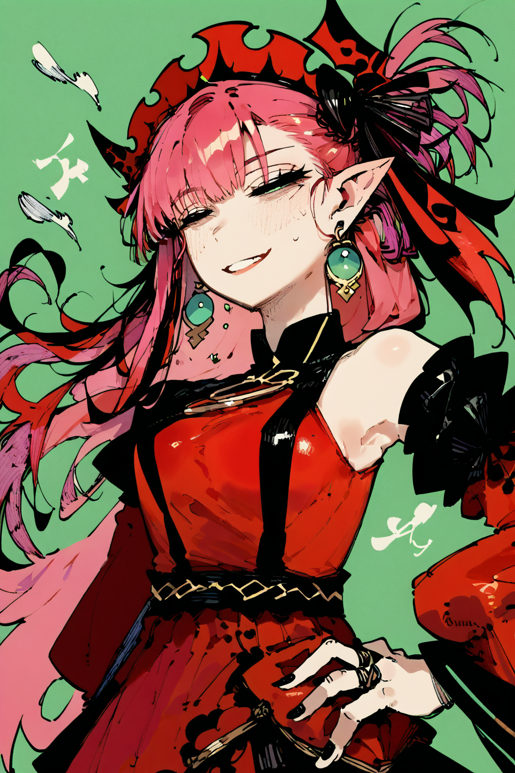 score_9, score_8_up, score_7_up, baobhan sith \(fate\), detached sleeves, dress, earrings, frills, long hair, pink hair, pointy ears, red dress, sidelocks, solo, solo focus, portrait, green background, One hand on the hip, the other hand raised to the head, <lora:karasu_raven:1.8>,âââ