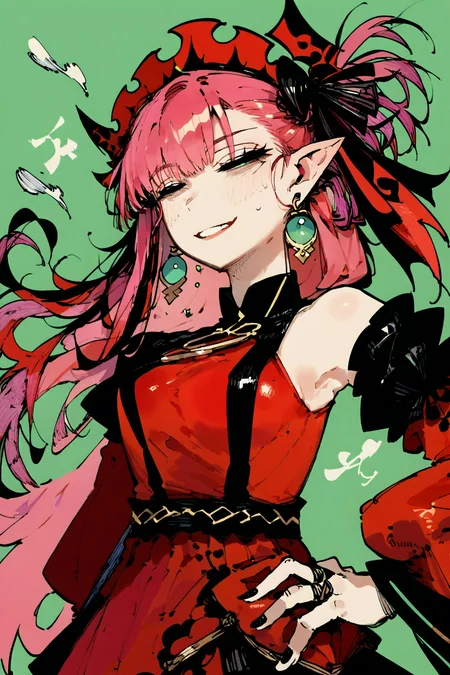 score_9, score_8_up, score_7_up, baobhan sith \(fate\), detached sleeves, dress, earrings, frills, long hair, pink hair, pointy ears, red dress, sidelocks, solo, solo focus, portrait, green background, One hand on the hip, the other hand raised to the head, <lora:karasu_raven:1.8>,âââ