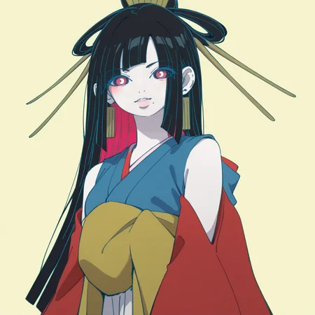 texture, score_9, score_8_up, score_7_up, score_6_up, score_5_up BREAK t1u5, 1girl, mole under mouth, colored sclera, pink eyes, symbol-shaped pupils, long hair, black hair, blue kimono, sleeveless, earrings, hair stick, hime cut, sidelocks, hair ornament, colored inner hair, yellow obi, red sleeves, detached sleeves, cowboy shot, pale skin, looking at viewer, solo, <lora:tukiGirlPDXL16v0.95cametx1-000008:0.8>, top down, close-up