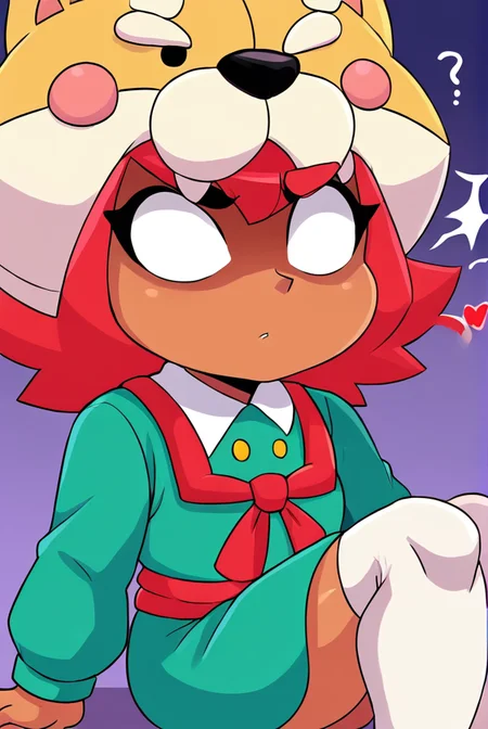 score_9, score_8_up, score_7_up, <lora:shinita:1> shinita , 1 girl , dark-skinned female, red hair, no pupils, green dress ,long sleeves, solo ,white thighhighs, red ribbon, shaded face, ,dog headwear , confused, looking at viewer, randoseru, heart, <lora:torule_style:1>torule style ,by torule ,