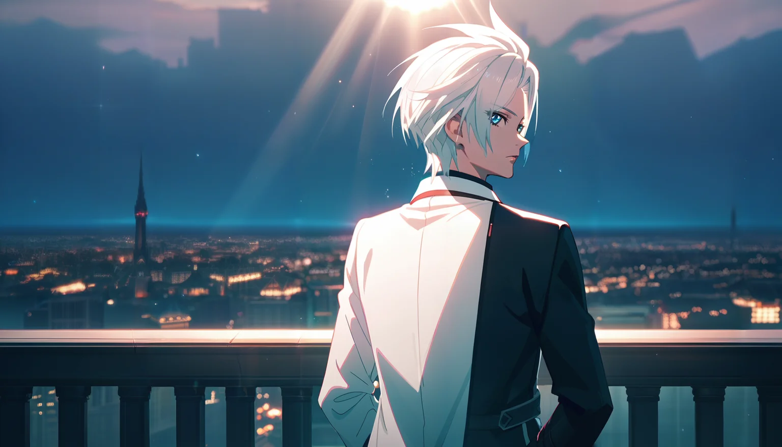 (score_9,score_8_up,score_7_up),
anime screencap, by ufotable,
tales of \(series\), tales of berseria,
solo, solo focus,
light rays, light particles, sunet, cityscape, scenery,
<lora:ufotable_lora_pony:1>
BREAK
1boy, hand in pocket, from behind, hair slicked back, upper body, looking back, looking at viewer,
white hair, blue eyes, collared shirt,
