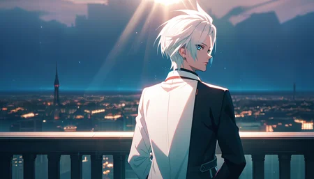 (score_9,score_8_up,score_7_up),
anime screencap, by ufotable,
tales of \(series\), tales of berseria,
solo, solo focus,
light rays, light particles, sunet, cityscape, scenery,
<lora:ufotable_lora_pony:1>
BREAK
1boy, hand in pocket, from behind, hair slicked back, upper body, looking back, looking at viewer,
white hair, blue eyes, collared shirt,