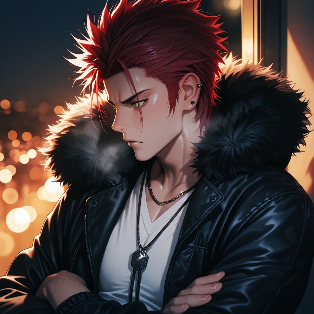 masterpiece, best quality, amazing quality, absurdres, newest, detailed background, definition so sharp, Ultra-HD, 8K cinematic, very awa, impressionate, amazing quality, highres, 
solo, male focus, manly, shadow, shiny skin, bokeh, warm light, light particle,
1boy, spiked hair, short hair, mikoto_red hair, mikoto_yellow eyes, mikotosuoh, black jacket, fur trim, v-neck, white shirt, necklace, ear piercing, crossed arms, calm face, profile, heavy breath, night