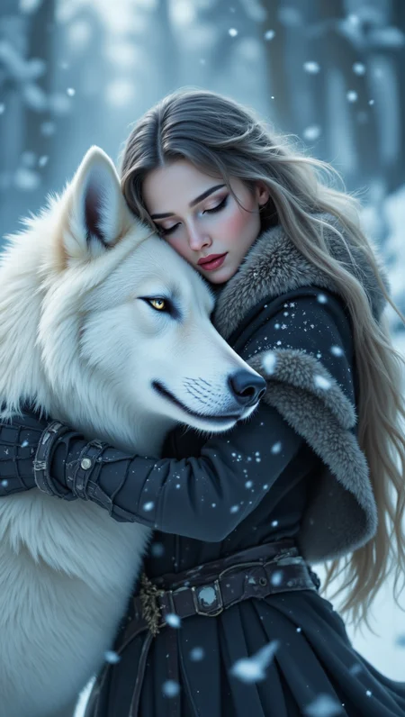 pinkfluxproultrafantasia, aidmaimageupgrader
highly detailed cinematic scene, A tender scene of a woman embracing a large white wolf in a snowy landscape. The woman, with long wavy hair, and a fur cloak, exudes affection as she holds the peaceful wolf. both of their eyes are closed. The wolf's eyes are closed, its soft, fluffy fur intricately detailed. Snowflakes gently fall in the blurred, wintry background. The woman's dark, rugged cloak contrasts with the bright white of the wolf and snow, while her gloved hands complete the sense of warmth and companionship in the cold, serene atmosphere. Cool tones of white, blue, and grey dominate