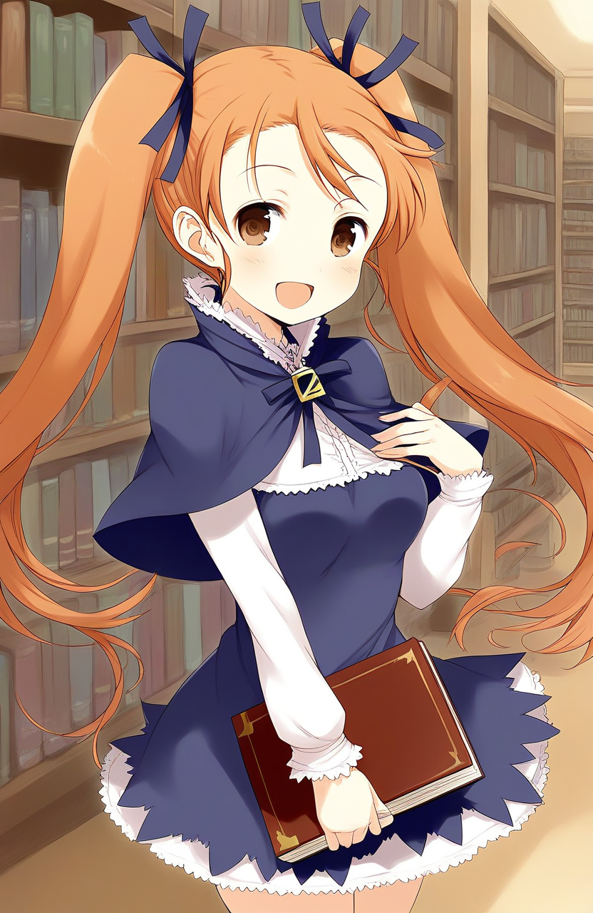 score_9, score_8_up, score_7_up, source_anime, rating_explicit, BREAK  <lora:Aliese_Martini_Ver2.0_XL:1> Aliese_Martini, 1girl, solo, twintails, long hair, brown eyes, hair ribbon, orange hair, brown hair, short stack,
 1girl, twintails, book, solo, long hair, smile, open mouth, brown eyes, ribbon, brown hair, holding book, hair ribbon, looking at viewer, holding, capelet, :d, skirt, blush, 
Show less
library, room,
smile,
looking at viewer, 
cowboy_Shot,