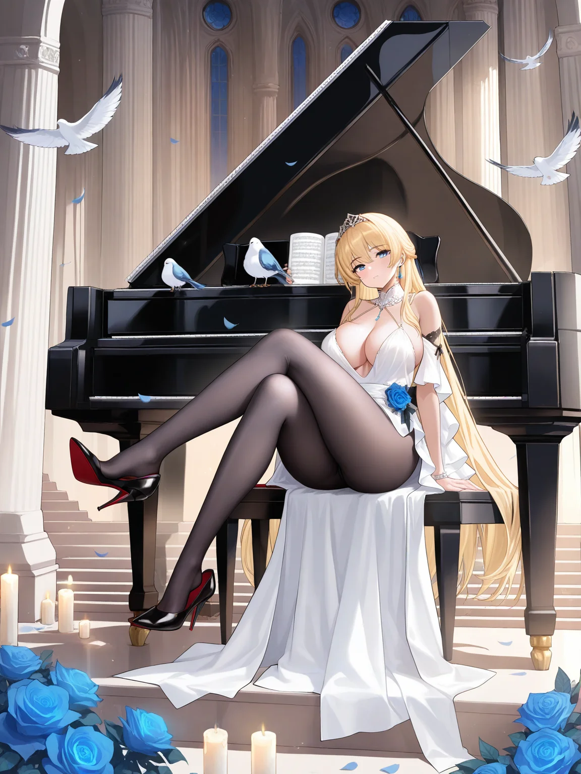 (masterpiece,best quality,ultra_detailed,highres,absurdres:1.2,amazing quality,very aesthetic),<lora:echocalypse style _ilxl_v1-000015:0.8>,1girl,piano,breasts,high heels,blonde hair,long hair,dress,pantyhose,white dress,blue eyes,instrument,solo,cleavage,black footwear,grand piano,large breasts,blue flower,shoe dangle,flower,full body,sitting,looking at viewer,very long hair,bird,stairs,black pantyhose,candle,blue rose,stiletto heels,crossed legs,pillar,, (masterpiece,best quality,ultra_detailed,highres,absurdres:1.2,amazing quality,very aesthetic),Smooth Negative,