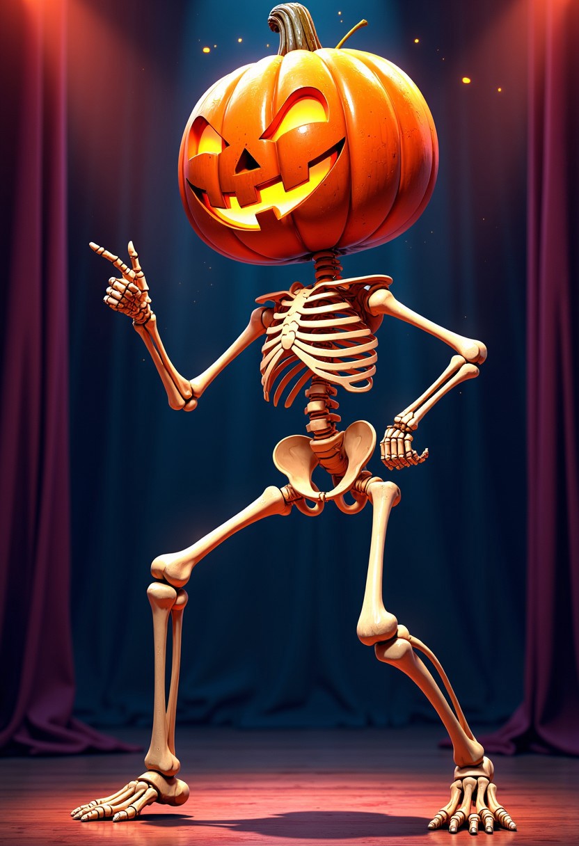 Masterpiece, A parody of the poster from the movie "Saturday night fever" with a skeleton on a stage wearing a large orange pumpkin on its head. The skeleton is on a dacing pose with its legs apart while pointing up while looking to the viewer. The pumpkin has a jack-o-lantern face on it, with a pointed nose and a wide smile. The background is stage, with stage lights poingting to the skeleton making the skeleton and pumpkin stand out. The overall mood of the illustration is funny and comedic. high-res, semi realistic, best quality, intricate details, ultra details, good lighting, vibrant colors, very detailed, octane render, ray tracing, mythp0rt