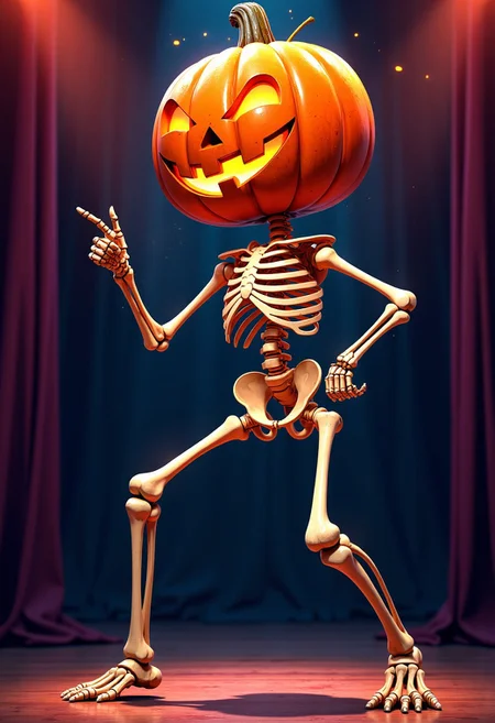 Masterpiece, A parody of the poster from the movie "Saturday night fever" with a skeleton on a stage wearing a large orange pumpkin on its head. The skeleton is on a dacing pose with its legs apart while pointing up while looking to the viewer. The pumpkin has a jack-o-lantern face on it, with a pointed nose and a wide smile. The background is stage, with stage lights poingting to the skeleton making the skeleton and pumpkin stand out. The overall mood of the illustration is funny and comedic. high-res, semi realistic, best quality, intricate details, ultra details, good lighting, vibrant colors, very detailed, octane render, ray tracing, mythp0rt