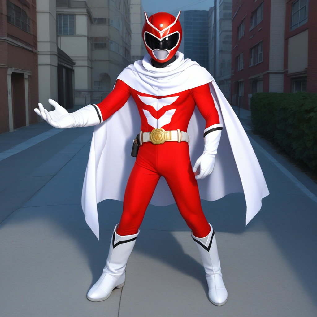 score_9, score_8_up, score_7_up, score_6_up, score_5_up, score_4_up, zPDXL2,source_anime,rating_questionable,solo, 1boy, daytime, urban setting, posing <lora:Sentai_Outfit:0.8> senta1outf1t, helmet, belt, tokusatsu, red bodysuit,white gloves, white boots,white cape