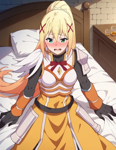 score_9, score_8_up, score_7_up, source_anime,
lalatinadustinessford, <lora:lalatina-dustiness-ford-s2-ponyxl-lora-nochekaiser:1>,
darkness \(konosuba\), long hair, green eyes, blonde hair, hair ornament, ponytail, braid, x hair ornament,
gloves, armor, bodysuit, shoulder armor, armored dress,
indoors, bed, bed room, on side, blush, drunk,
looking at viewer, dutch angle, cowboy shot,