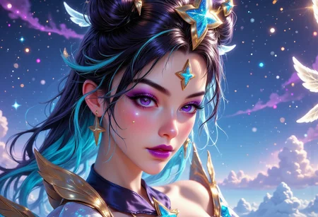 pinkenchantedmj, a digital painting showcasing PSG Syndra. Her eyes are purple, framed by thick, dramatic eyelashes. She has a pale, porcelain skin tone. She has two-toned hair, black and turquoise hair, twin buns. She has hair ornaments. She is wearing PSG clothes. upper body shot. blue and turquoise glitters shimmering all around her. her eye makeup is glittery and purple. closed mouth, serious look. her body and face is glowing like galaxies. she is surrounded by swirling, vibrant cosmic colors, vibrant star planet, ultra-detailed and photorealistic rendering, soft ambient lighting, starry nebulae in the background, dynamic and radiant color gradients, glowing reflections, cinematic composition, surreal and otherworldly atmosphere, intricate facial features, flowing hair infused with cosmic energy, luminous and ethereal, celestial radiance, soft yet detailed textures, otherworldly beauty.