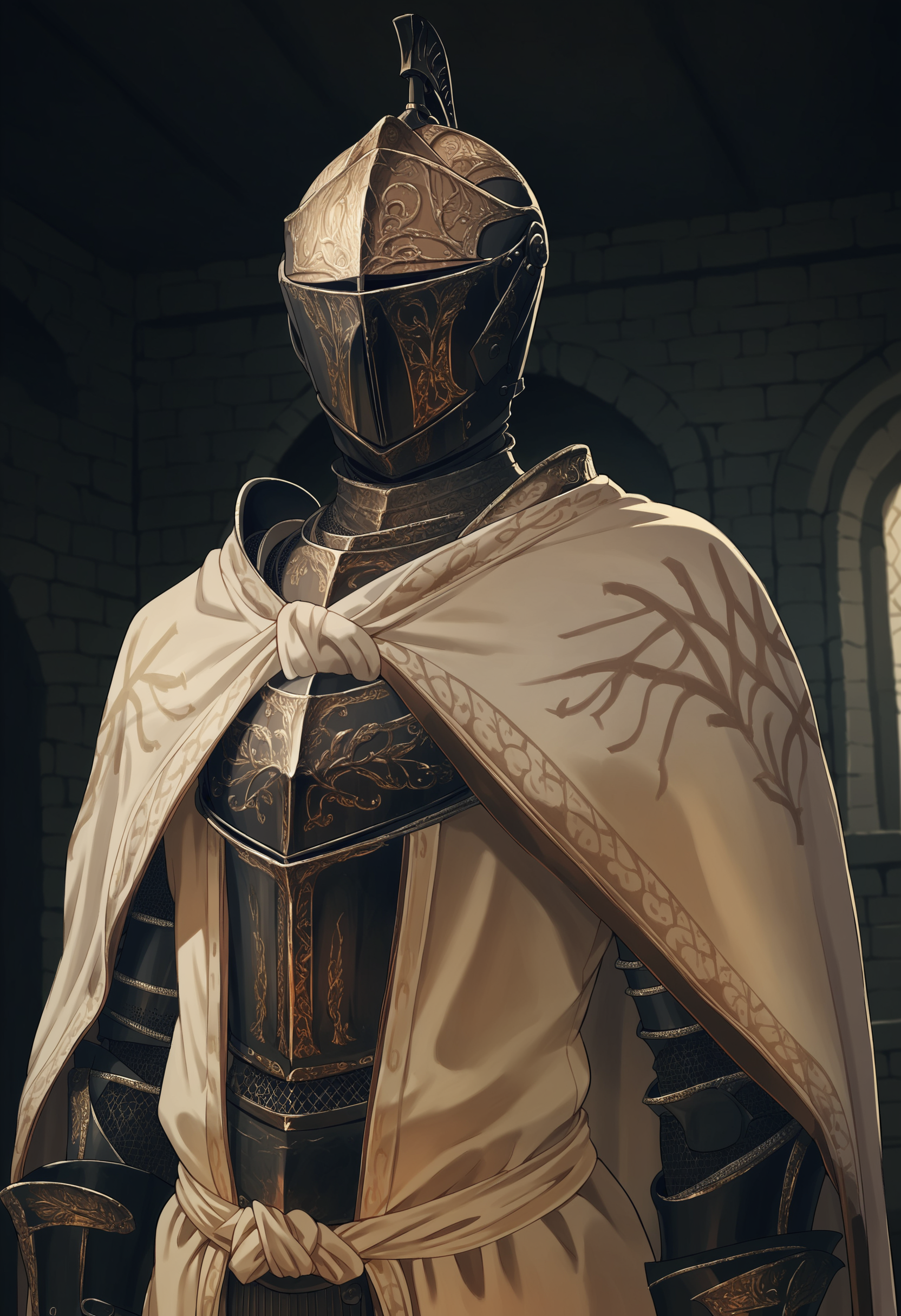 score_9, score_8_up, score_7_up, score_6_up, score_5_up, score_4_up, 1girl <lora:Leda:0.8> solo, faceless, eyeless, helmet, armor, full armor, gauntlets, knight, cape, upper body, from below, 
dungeon background, indoors,